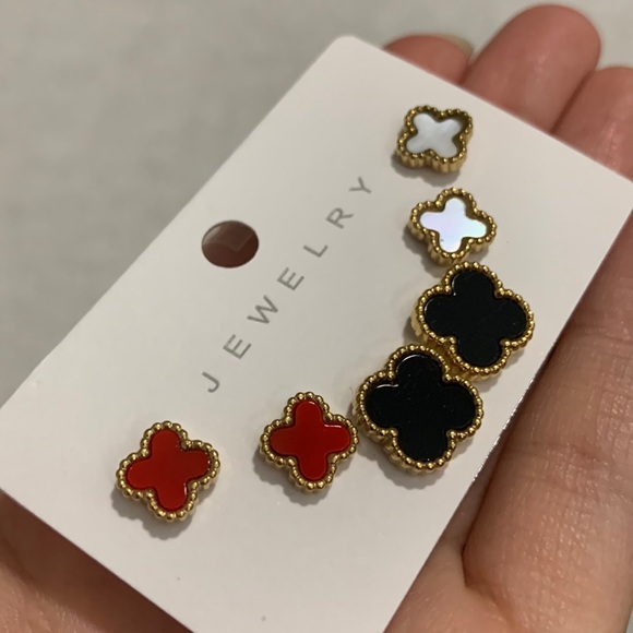 3 Gold Clover Earring Set (Red, Black, and Opal) - Picture 9 of 17
